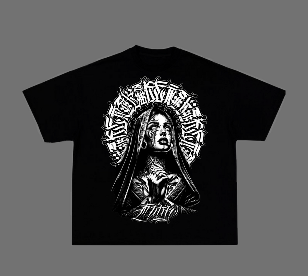 Gothic Praying Nun Chicano Calligraphy Tee – Black Oversized Streetwear T-Shirt