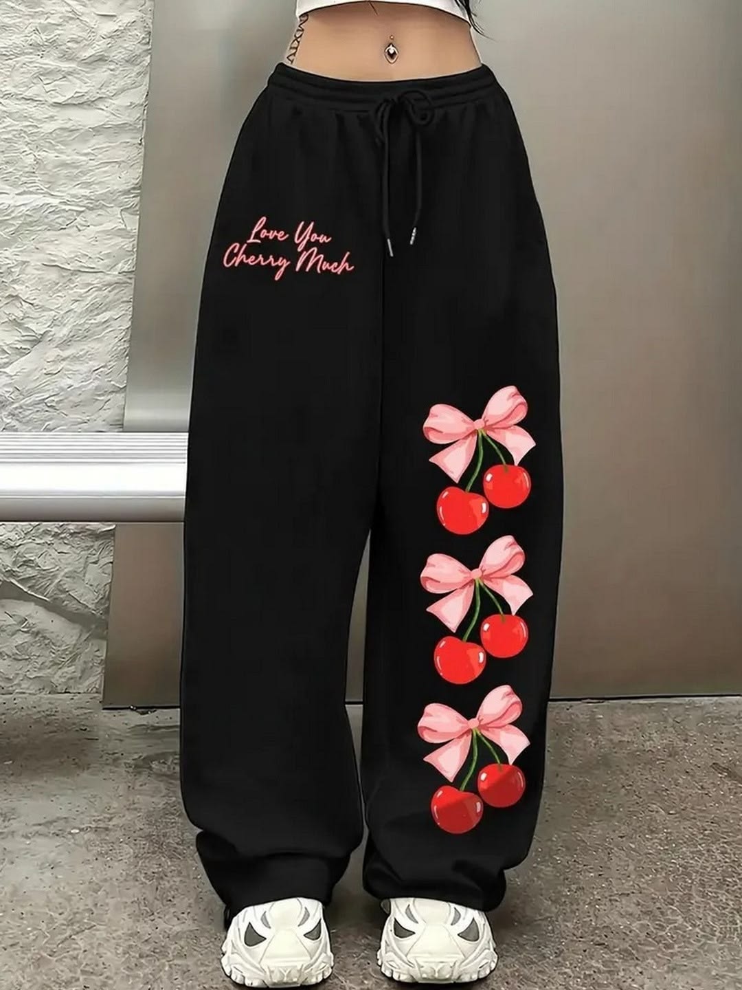 "Love You Cherry Much" Bow Graphic Print Black Joggers | Streetwear