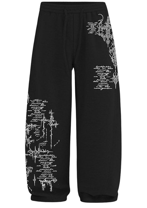 "Tribal Spine" Gothic Graphic Oversized Black Sweatpants