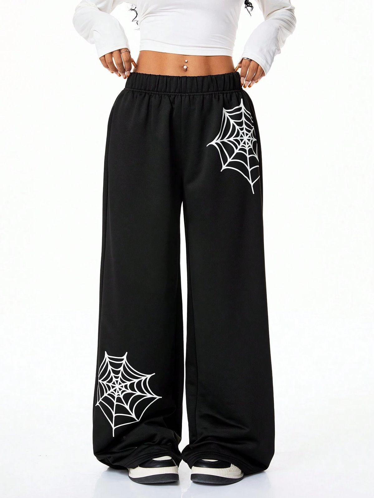 White Spiderweb Graphic Print Black Joggers | Streetwear