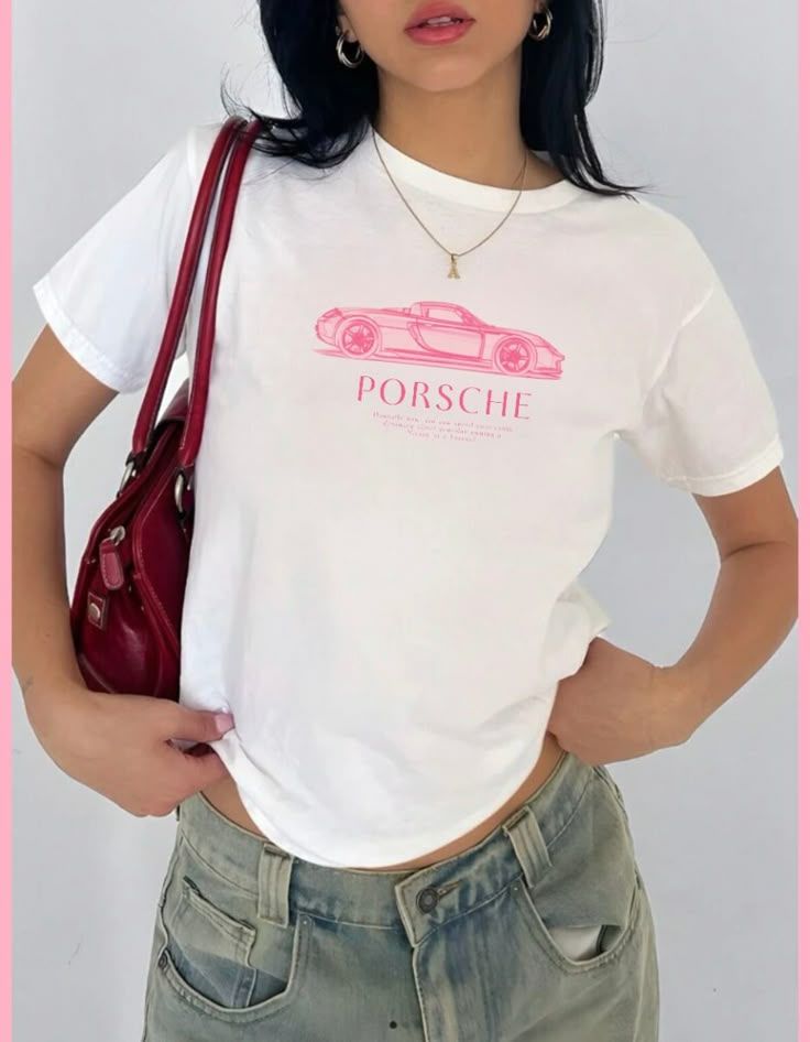 Pink Sports Car Graphic Baby Tee for Women | Y2K Aesthetic Oversized T-Shirt