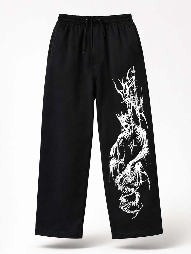 Crowned Skeleton Graphic Print Black Joggers | Streetwear