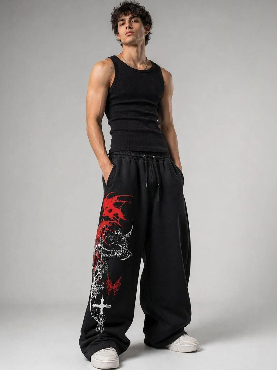 Gothic Red and White Graphic Print Black Joggers | Streetwear