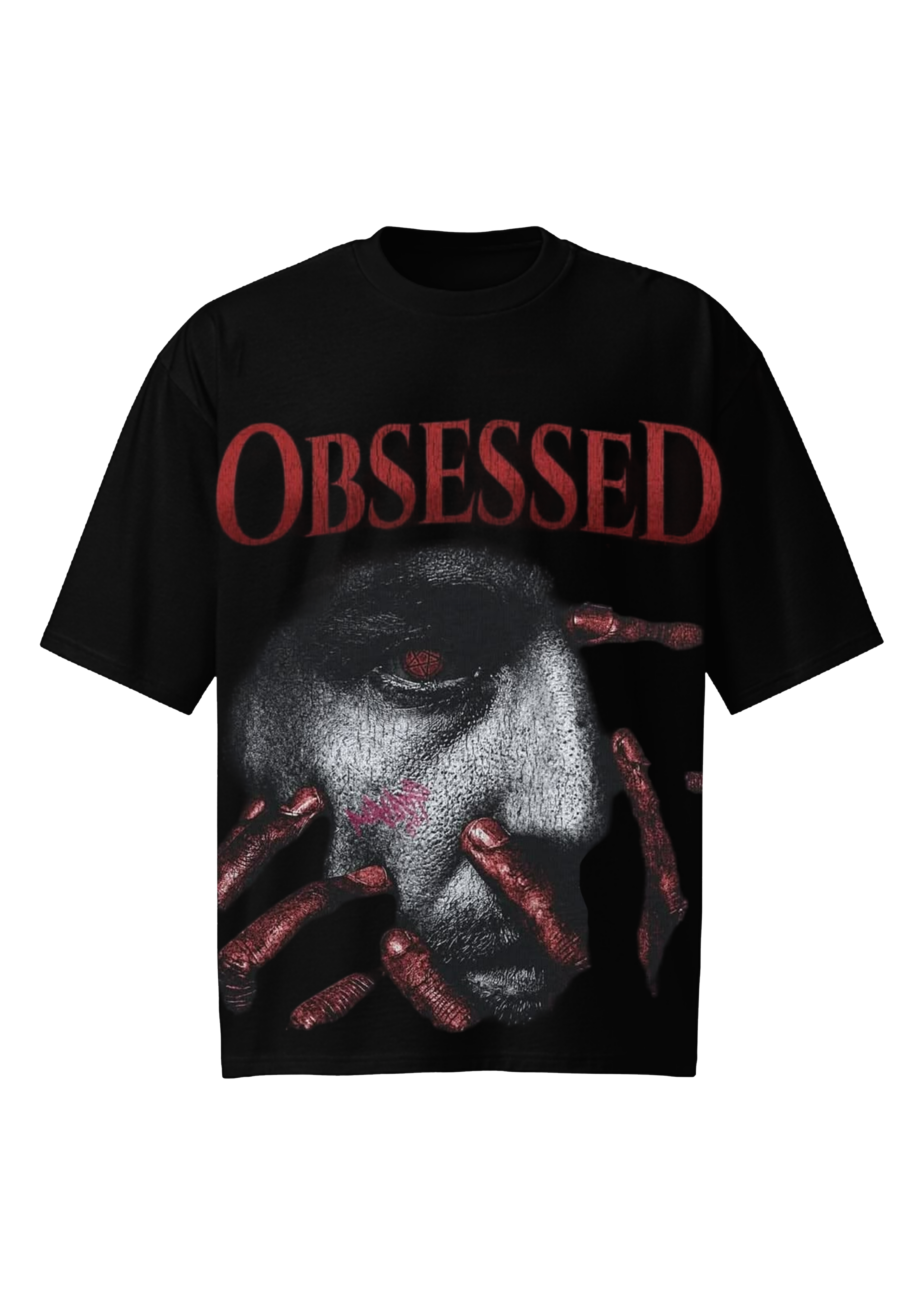 Obsessed Dark Horror Face Black Oversized Tee - Gothic Streetwear