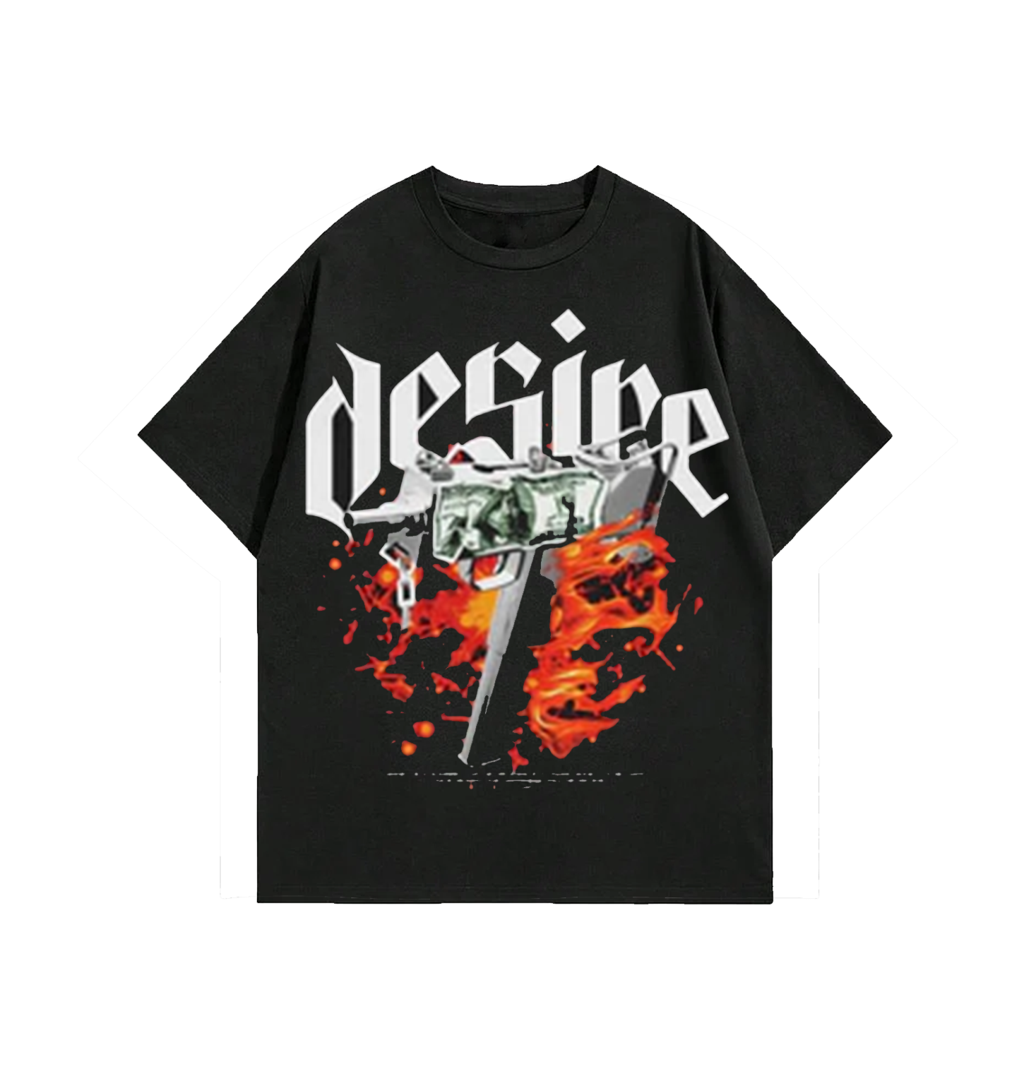 "Desire" Fire and Weapon Graphic Oversized Black Unisex T-Shirt