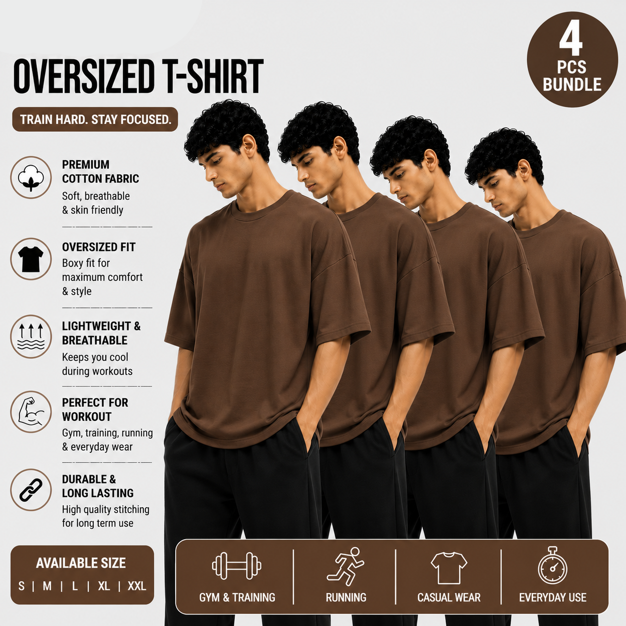 Pack of 4 Black Oversized T-Shirts | Premium Cotton | Drop Shoulder Unisex Fit | Everyday Wear Combo
