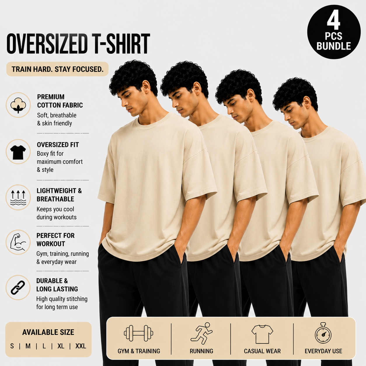Pack of 4 Black Oversized T-Shirts | Premium Cotton | Drop Shoulder Unisex Fit | Everyday Wear Combo