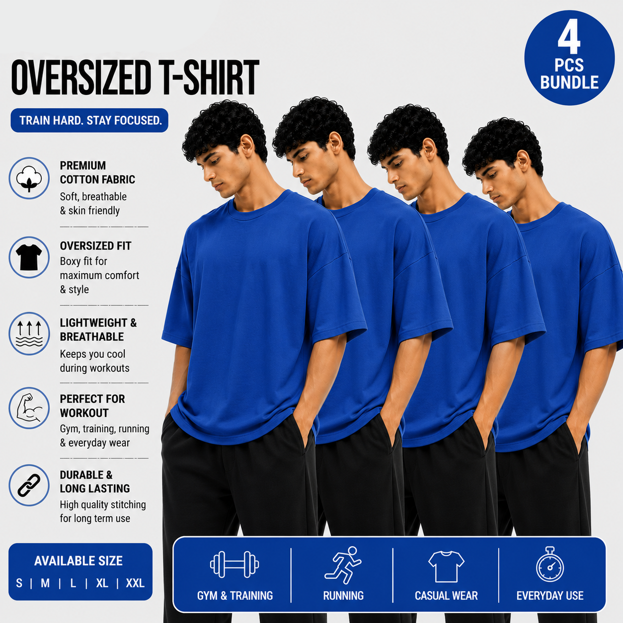 Pack of 4 Black Oversized T-Shirts | Premium Cotton | Drop Shoulder Unisex Fit | Everyday Wear Combo