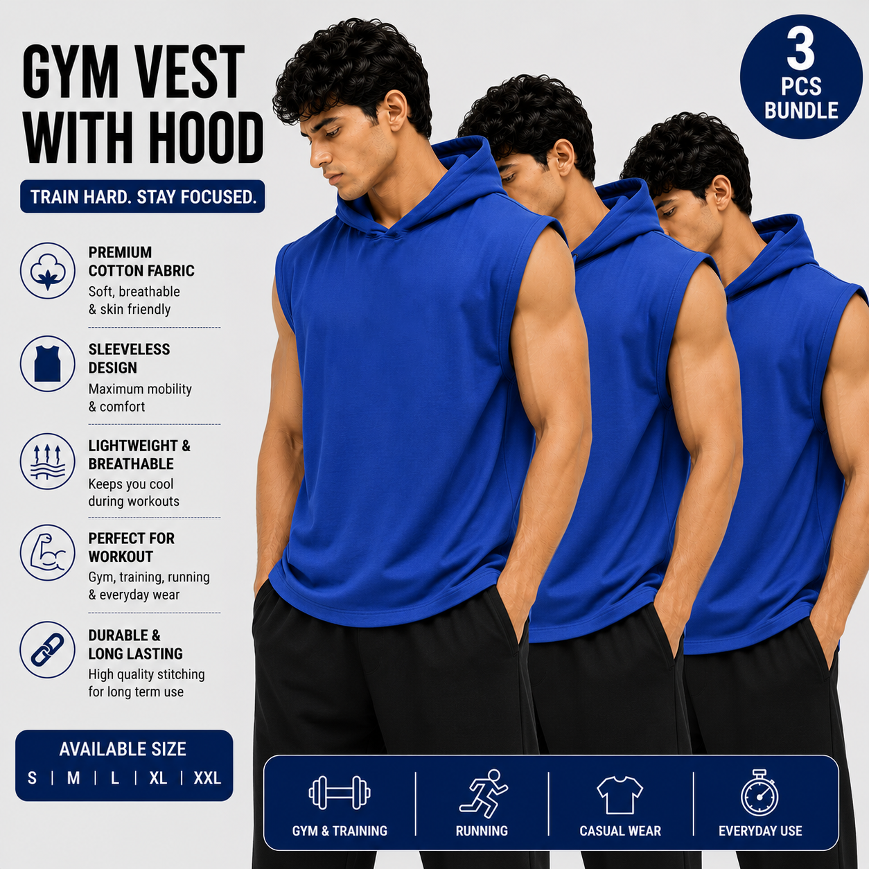 Pack of 3 Gym Vests with Hoodie | Premium Cotton Sleeveless Hooded Gym Wear | Black Combo Pack