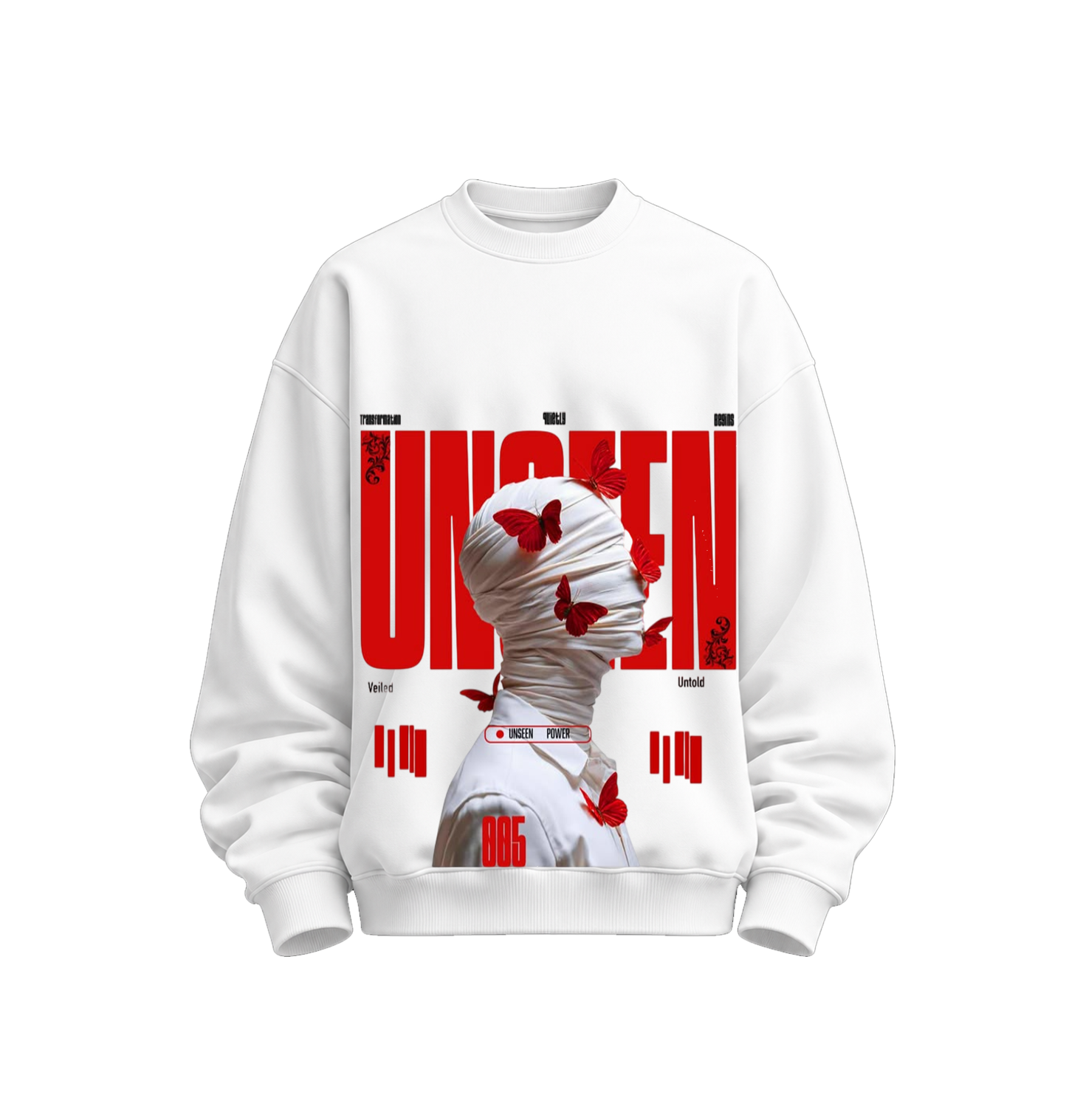 Unseen Oversized White Sweatshirt | Abstract Butterfly Graphic Streetwear